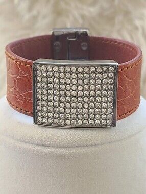 Swarovski Brown Leather Bracelet with Crystal Pavé Plate- Great Condition
